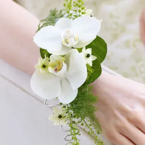 White Orchid & Fern Wrist Corsage