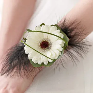 White Germini & Feather Wrist Corsage